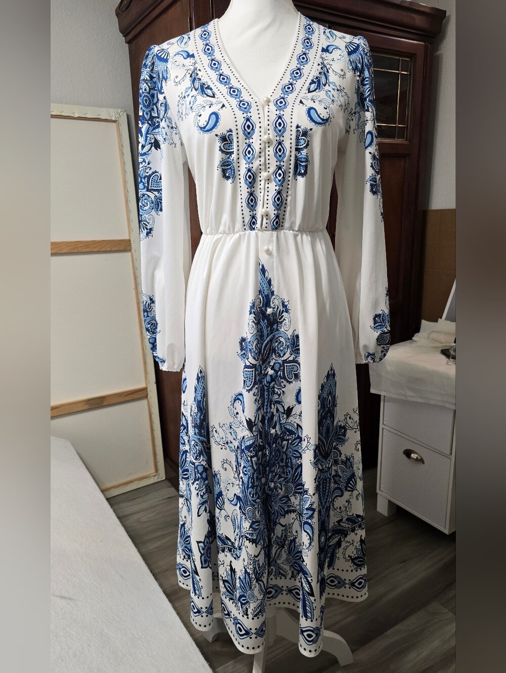 Women's White Maxi Dress with Blue Paisley Print